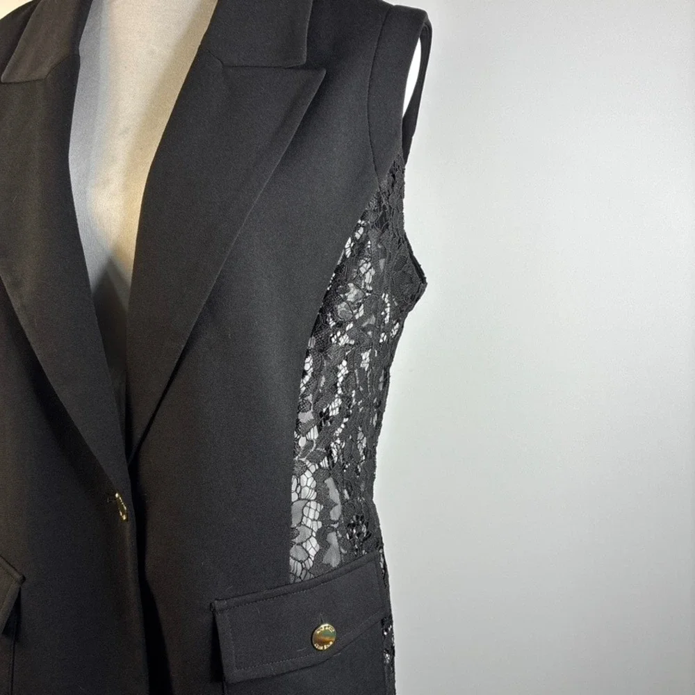 Nine West Womens Black Lace Back Sleeveless Blazer Vest Gold Button Size Large - Picture 13 of 16